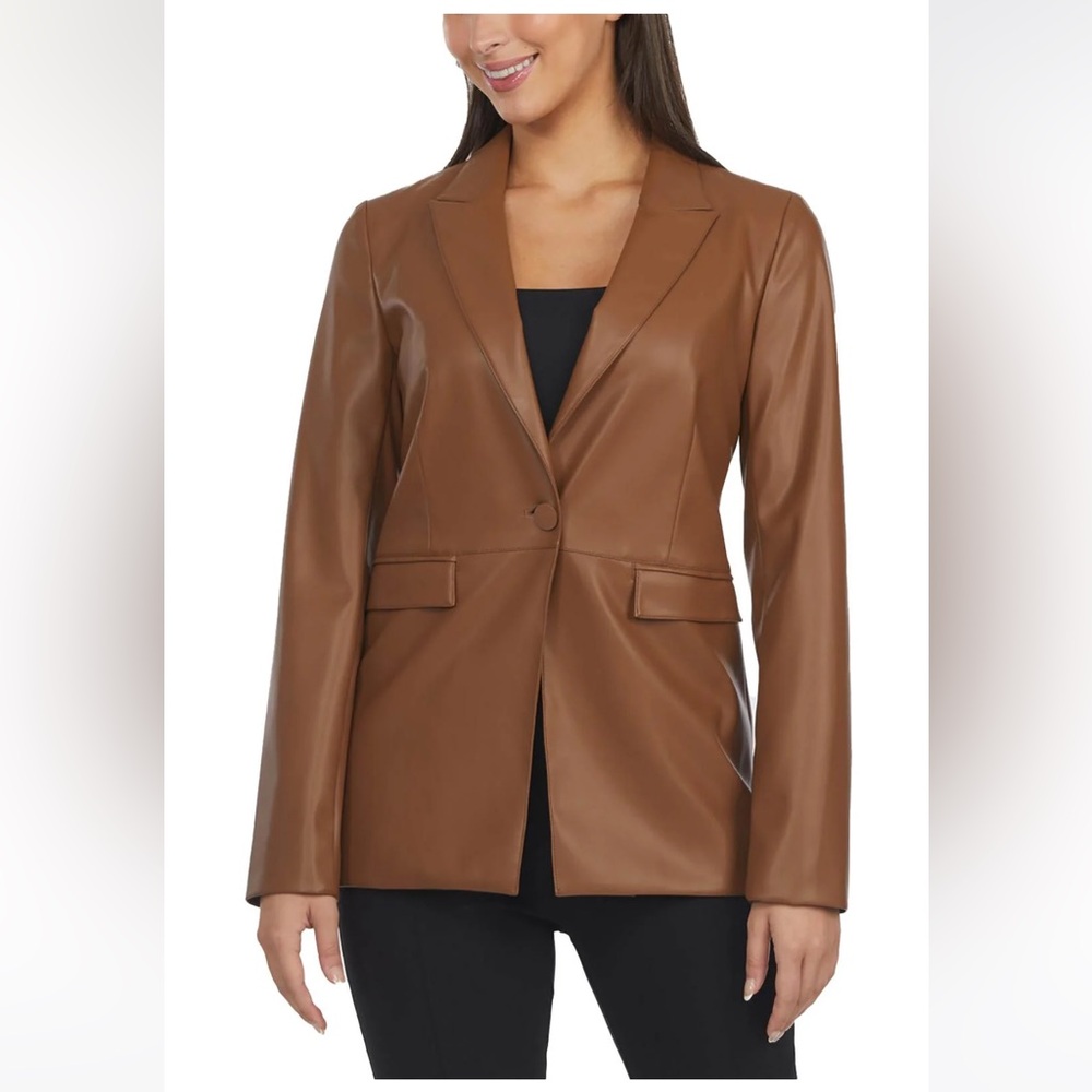 NWT LAUNDRY BY SHELLI SEGAL Faux Leather Notch Collar One-Button Blazer
